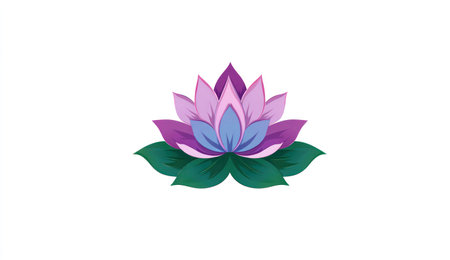 A detailed illustration depicts a lotus flower in full bloom. The petals are rendered in gradients of purple and blue, atop lush green leaves. The artwork has a clean, graphic style set against a white backdrop, suitable for various design projects and editorial content.の素材