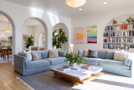 A spacious living room featuring two light blue sofas, a coffee table, and archways. Sunlight fills the room, illuminating neutral-toned walls, wooden floors, and a well-stocked bookshelf. The composition suggests a relaxed atmosphere, suitable for various editorial and commercial applications. Artwork is present on the walls.の素材