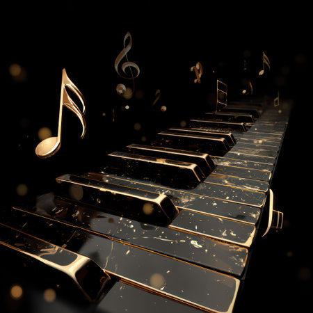 A close-up shot presents a piano keyboard with keys highlighted in gold against a dark backdrop. The composition features musical notes floating in the air, creating a visual rhythm. The image utilizes dramatic lighting and strong contrasts, making it suitable for various creative and promotional applications.の素材