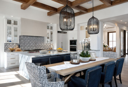 An interior shot showcases a well-lit kitchen with a large island table. The scene highlights modern design elements, including hardwood ceiling beams and contemporary pendant lights. The composition and lighting create a sense of spaciousness, suggesting possible uses in home design publications or lifestyle marketing.の素材