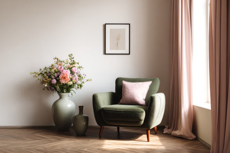 An inviting interior showcases a green armchair, adorned with a pink cushion, alongside a vase of colorful flowers. The scene features a framed artwork, soft pink curtains, and wooden flooring. This composition, with its warm lighting and minimalist style, is suitable for editorial or commercial applications.の素材