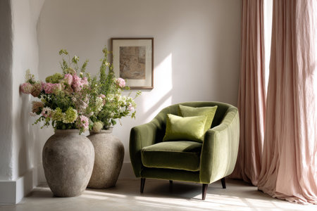 An inviting interior scene features an olive green armchair beside floral arrangements in large vases, next to a window with draped curtains. Soft sunlight illuminates the room, creating an atmosphere of comfort and sophistication. This image may be suitable for interior design, home decor, or lifestyle projects.の素材