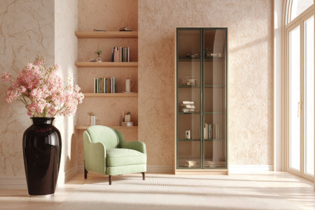 An interior scene features a soft green armchair, a black vase holding pink flowers, and a display cabinet. Neutral-toned walls and shelves are visible, with books and decor items. The lighting is bright, likely from a window, creating a serene and inviting atmosphere, potentially suitable for design, editorial, and commercial applications.の素材