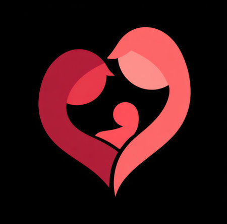 This graphic illustration features a heart-shaped design incorporating abstract silhouettes representing a family. The image uses a palette of reds against a black background. The style is modern, with smooth lines and gradients, suitable for various editorial and commercial applications. The design evokes feelings of love and togetherness.の素材