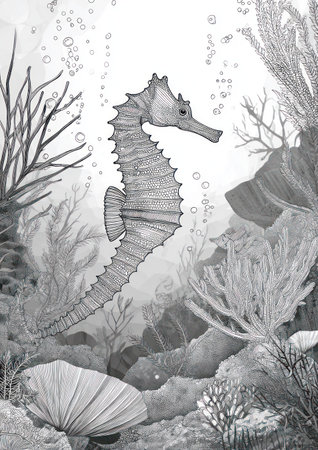 An illustrated seahorse gracefully swims amidst coral and seaweed in this monochrome image. The detailed artwork showcases textured surfaces and varying shades of gray, creating a sense of depth and dimension. This underwater scene, illuminated by diffused light, could be suitable for educational materials or artistic projects.の素材
