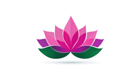 A vibrant lotus flower illustration is presented against a clean white backdrop. The artwork showcases petals in shades of pink, purple, and green. The design uses soft shadows to create depth. This image can be used for various purposes like design elements or spiritual themes.の素材