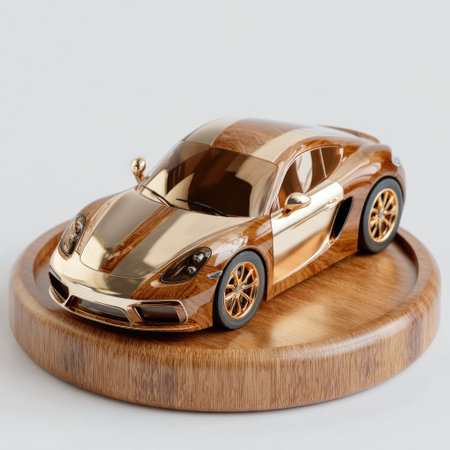 A detailed wooden car model sits on a circular wooden platform, presented against a soft, neutral backdrop. The car features gold and brown tones, with intricate detailing on the wheels and body. The lighting is soft, creating gentle shadows. Suitable for use in automotive, design, or decorative projects.の素材