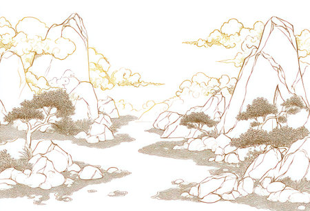 An illustration depicts mountains and clouds rendered in a traditional artistic style. The composition features a landscape with detailed lines and shapes, primarily utilizing gold and white colors. The artwork offers a sense of tranquility, suitable for various editorial and commercial applications.の素材