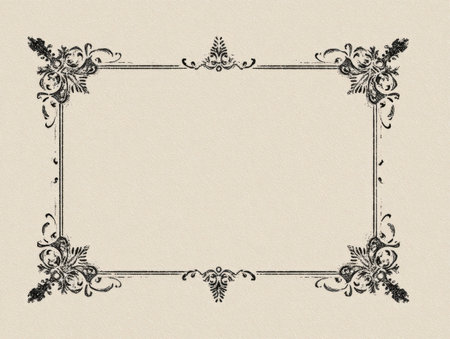 An ornate frame design showcases a rectangular shape with intricate floral and geometric patterns in dark hues. The frame is set against a light background creating visual contrast. Suitable for various applications, this design can be used for invitations, announcements, or general decorative needs. It lends itself well to both digital and print applications.の素材