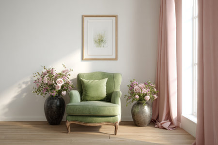 An inviting interior scene features a green armchair, flanked by vases of flowers, and an artwork on the wall. The composition is lit by natural light streaming through a window with pink curtains. This image offers versatile potential for lifestyle content, interior design projects, and promotional materials.の素材