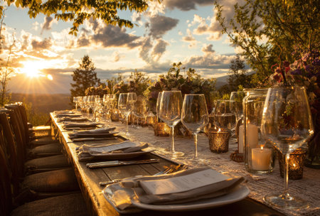 An outdoor dining table is set with multiple wine glasses, candles, and cutlery. The composition showcases a long, wooden table illuminated by warm, golden sunlight. The scene suggests a celebration or special event in a natural environment. Suitable for editorial or commercial projects.の素材