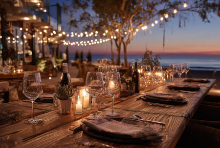 An outdoor dining table is set with glasses, candles, and silverware. Warm string lights illuminate the scene with a soft glow. The composition features a wooden table with a blurred background of the ocean and sunset. This image is suitable for illustrating hospitality, events, or lifestyle content.の素材
