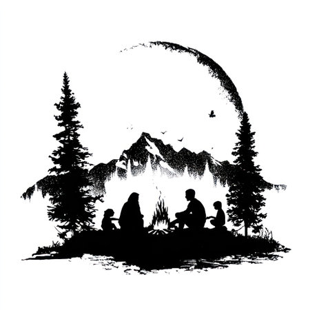 This graphic depicts a family gathered around a campfire. The silhouettes feature a stylized mountain landscape, creating a peaceful, outdoor atmosphere. The composition is monochromatic and features a stark contrast, suitable for various editorial and commercial applications.の素材