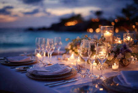 An inviting table is set for a special occasion, with crystal glassware, folded napkins, and glowing candles creating a warm atmosphere. The scene features a close-up perspective of the arrangement, complemented by blurred lights in the background. It evokes a feeling of intimacy and celebration, potentially suitable for various commercial uses.の素材