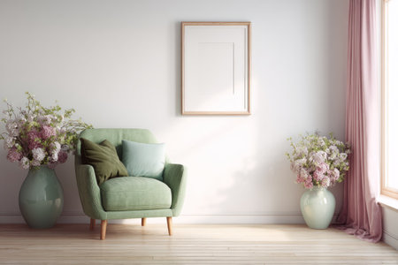 An inviting interior scene features an armchair flanked by vases of flowers, set against a white wall with an empty frame. Soft pink curtains drape next to a window, and the room is bathed in natural light. This setup suggests potential for use in home decor, lifestyle publications, and design projects.の素材