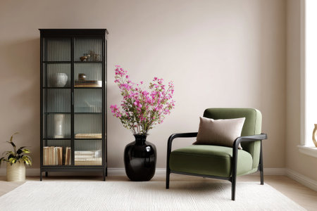 This interior composition showcases a green armchair, a black cabinet, and a vase of pink flowers. The scene is bathed in natural light, with a simple, neutral-toned wall and a white rug. The modern aesthetic and neutral color palette suggest a setting suitable for home decor and lifestyle applications.の素材