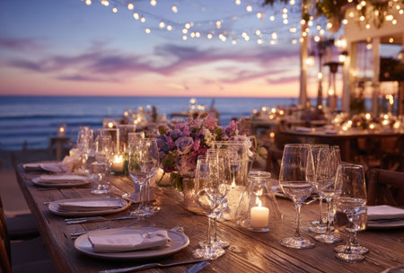 A beautifully set dining table features glasses and candles, offering a warm and inviting ambiance. The scene is illuminated by soft, natural lighting, complemented by decorative string lights. The composition highlights a seaside setting, perfect for social events or commercial projects related to hospitality and leisure.の素材