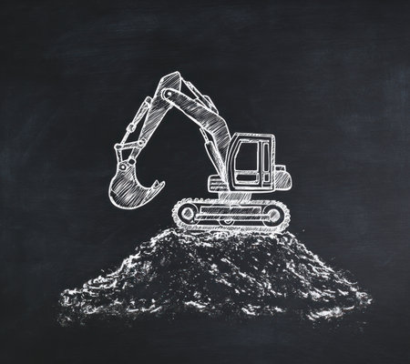 An excavator illustration is sketched in white on a black chalkboard background, representing construction and infrastructure. The artistic rendering employs textured lines to define the machine's components and the terrain. The image suggests potential uses in educational materials, advertising, and design concepts for construction or engineering.の素材