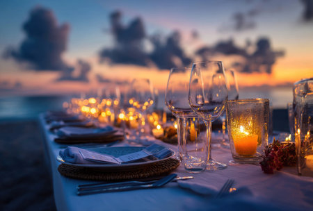 An outdoor table is prepared for a special occasion. Crystal wine glasses, plates, and candles create a romantic ambiance. The composition features soft lighting with a twilight sky in the background. This image could be used for hospitality, event planning, or travel publications.の素材