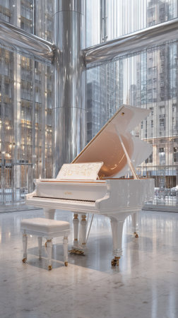 A pristine white grand piano sits in a modern interior, bathed in soft, natural light. The instrument is set against a backdrop of a cityscape visible through large windows. This image showcases a blend of design and musical artistry, suitable for use in promotional material or editorial content.の素材