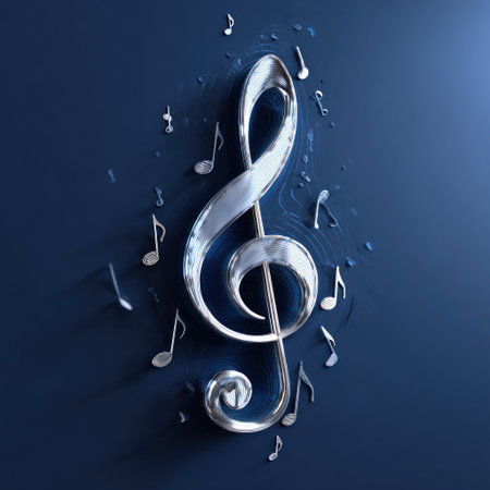 A shiny silver treble clef stands prominently with several scattered musical notes against a deep blue backdrop. The image utilizes reflective surfaces and highlights, producing a three-dimensional appearance. The lighting suggests a studio environment, potentially suitable for promotional material related to music or artistic endeavors.の素材