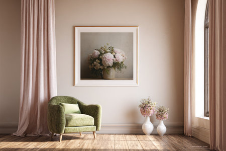 An interior shot showcases a room with an armchair, framed painting, and flower vases. The composition features soft lighting, warm tones, and natural textures. It is suitable for design projects, lifestyle presentations, and editorial use. The scene suggests a relaxed atmosphere with classic aesthetics.の素材