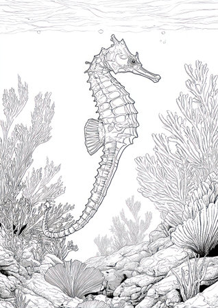 A detailed illustration depicts a seahorse gracefully navigating underwater amongst coral and aquatic plants. The grayscale composition features intricate linework creating a textured appearance. This artwork may be suitable for educational materials, design projects, or decorative prints, and it suits both commercial and editorial applications.の素材