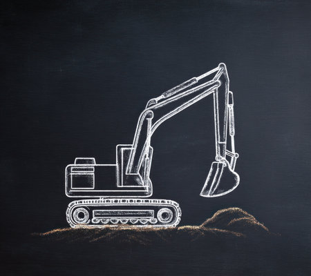 A chalk drawing depicts an excavator on a dark background, possibly a blackboard. The monochromatic image highlights the machine's form with detailed lines. The composition suggests a construction environment with potential for educational or commercial applications. The artistic style could suit various creative projects.の素材