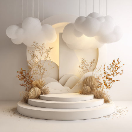 A staged composition features a circular platform with cloud-like elements suspended above. The scene uses neutral tones with accents of gold, suggesting a soft lighting environment. The design incorporates natural textures and shapes, ideal for displaying items. Suitable for commercial projects that require a clean, modern aesthetic.の素材