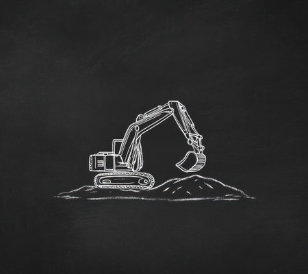 An illustration depicts a detailed excavator on a mound. The image features a chalk-like style with white lines on a dark background. The construction equipment is shown in profile. Suitable for various applications, this image could be used for conceptual or illustrative purposes.の素材