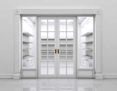 A pristine white door, flanked by glass panels and shelves, dominates this image. The doors feature multiple panes, and the shelves are visible behind the glass. The scene is bathed in bright, even lighting, suggesting an interior setting. This image could be used for various commercial and editorial applications.の素材