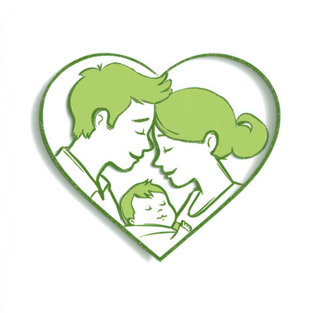 This illustration presents a family, featuring parents and a baby, encapsulated within a heart shape. The artwork employs a clean, line art style with a limited green and white color palette. Its composition is simple, with gentle curves and forms. This image could be used for themes of family, love, or health.の素材