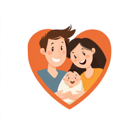 A vector illustration depicts a family of three nestled inside a heart shape. The image showcases a father, mother, and a baby. The style is cartoonish with simple shapes and bright colors against a white background. This design is appropriate for various commercial projects and editorial use.の素材