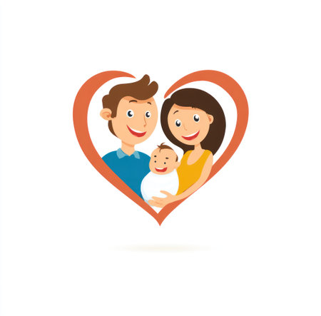 This graphic depicts a family of three inside of a heart shape. The illustration uses bright colors, a flat design style, and a simple composition. It presents a loving family in a clean environment. Suitable for a wide variety of commercial and editorial uses, it can be utilized in various projects.の素材