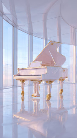 A pristine white grand piano stands in a sunlit interior space. The instrument features gold accents, reflecting light from a large window. The composition presents a bright, clean aesthetic with smooth surfaces and gentle reflections, suggesting a contemporary setting suitable for various creative or commercial projects.の素材