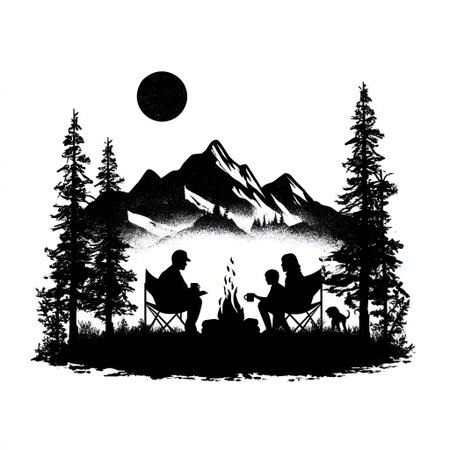 This black and white illustration depicts a family gathered around a campfire beneath a night sky. The stylized image includes trees, mountains, and a full moon. The simplistic composition uses sharp contrasts and minimal detail. It suggests a camping trip and could be suitable for various editorial and commercial applications.の素材