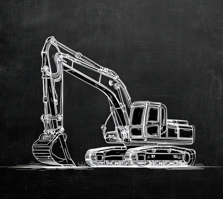 An excavator is rendered in white line art against a dark backdrop. The illustration emphasizes the machine's mechanical details. The artwork features a clean, simple style with potential applications in construction, engineering, or design-related projects. The monochromatic theme is suitable for various commercial uses.の素材