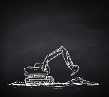 An illustration features a detailed line art drawing of an excavator against a dark background. The image showcases the construction machine with its arm extended, digging into a pile of earth. The composition uses high contrast, with the white lines creating a stark contrast. The style suggests a concept design suitable for commercial use.の素材