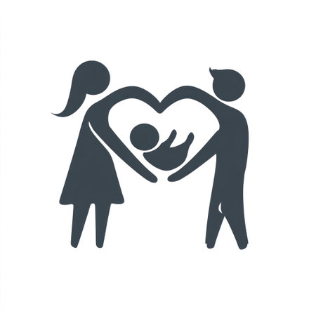 This graphic depicts a family of three, represented by stick figures. The silhouette style uses a dark blue color against a clean white background. The composition arranges the parents around a heart shape embracing a baby. Suitable for illustrations on family, love, or care.の素材
