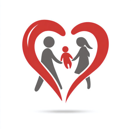 An illustration depicts a family within a red heart, symbolizing love and togetherness. The image features stylized figures in grey and red, set against a white backdrop. The composition is simple, with flat design and overhead lighting, suitable for various editorial and commercial applications.の素材