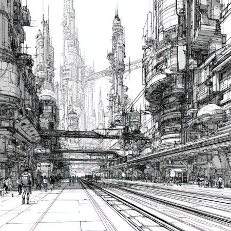 This black and white illustration showcases a futuristic cityscape, featuring detailed architectural renderings. The artwork emphasizes the urban infrastructure with high-rise structures, connecting pathways, and linear elements. The artistic style suggests a concept design, suitable for various editorial and commercial applications. The composition uses a perspective view to convey a sense of depth.の素材
