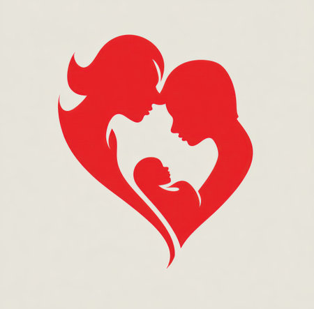 This graphic showcases a mother, father, and child united in a heart shape. The design uses solid red against a neutral backdrop, emphasizing the silhouettes. The composition creates a simple yet poignant representation of family. Suitable for use in various editorial and commercial projects.の素材