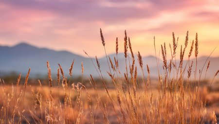 An image showcases a field of wheat illuminated by the warm glow of sunset. The foreground features detailed wheat stalks, while blurred mountains are visible in the distance. The composition uses natural light and tones to suggest the calm environment, suitable for various editorial and commercial applications.の素材