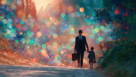 A silhouette depicts a father and child walking together on a road. The artwork features a soft bokeh background of various colors, suggesting a dreamlike or artistic style. The lighting indicates an outdoor setting. This image may be suitable for a variety of editorial or commercial purposes.の素材