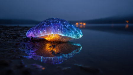 An illuminated mushroom-shaped object with blue and orange hues rests on a reflective surface. Its form is captured with a low-angle perspective, highlighting the detailed texture. The image showcases a dark, tranquil atmosphere, enhanced by the subtle reflections. Suitable for use in conceptual designs, artistic projects, and visual storytelling.の素材