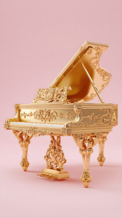 A golden miniature piano, intricately detailed, is displayed against a pastel pink backdrop. The artwork showcases ornate carvings, reflecting a luxurious aesthetic. The composition features soft lighting, highlighting textures. Suitable for various projects, it could enhance designs in fields like music, art, and decor.の素材