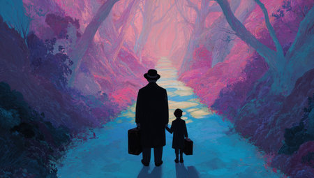 An illustration depicts a silhouetted father and child walking together along a pathway. The scene is immersed in vibrant hues of purple, blue, and pink, suggesting a fantastical setting. The artwork is characterized by an ethereal, painterly style and likely suitable for various commercial or editorial applications.の素材