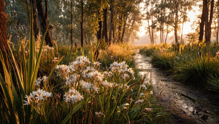 This image depicts a forest scene, showcasing a pathway meandering through diverse flora and plant life. The scene is illuminated by sunlight, highlighting the textures of trees and vegetation. This natural composition suggests uses in environmental, landscape, or editorial projects, promoting the beauty of the outdoors. It could serve for various visual communications.の素材