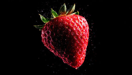 A close-up image showcases a vibrant red strawberry with a textured surface, set against a dark backdrop. Water droplets are visible, suggesting freshness. The composition emphasizes the fruit's details. Suitable for various uses, this image could be used for culinary, health, or design projects.の素材
