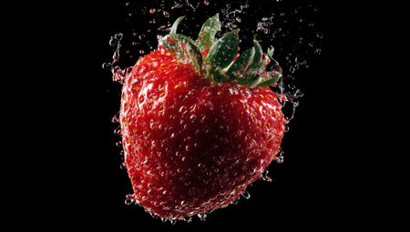 A ripe strawberry is captured mid-air, surrounded by water droplets. The vibrant red fruit is contrasted against a deep black backdrop, with bright highlights from the splash. This image utilizes focused lighting and showcases the texture and freshness, suitable for various culinary and health-related visual projects.の素材